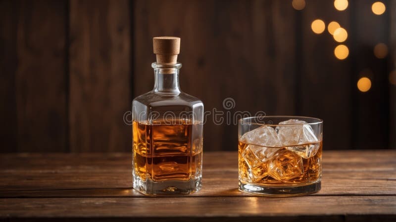 Abends eine Whisky-Flasche und ein Glas Eis auf Holztisch mit Holzwand. stock abbildung
