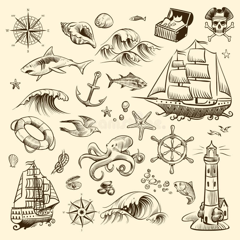 Abenteuerpark Pirate Seeschifffahrt graviert alte Fantasy-Objekte, Schiff und Schatz von Piraten mit Leuchtturm Vektor