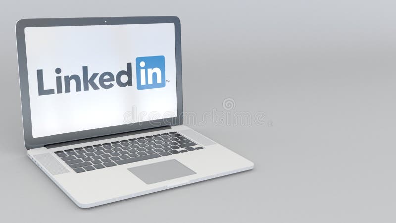 Abertura de giro e portátil de fechamento com logotipo de LinkedIn Grampo conceptual do editorial 4K da informática