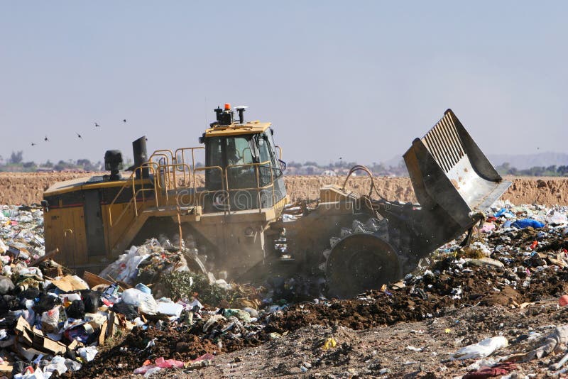 A trash compactor moves trash in a landfill. The stench is amazing!. A trash compactor moves trash in a landfill. The stench is amazing!