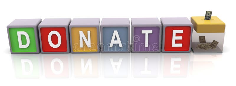 3d colorful text 'donate' with donation box. 3d colorful text 'donate' with donation box