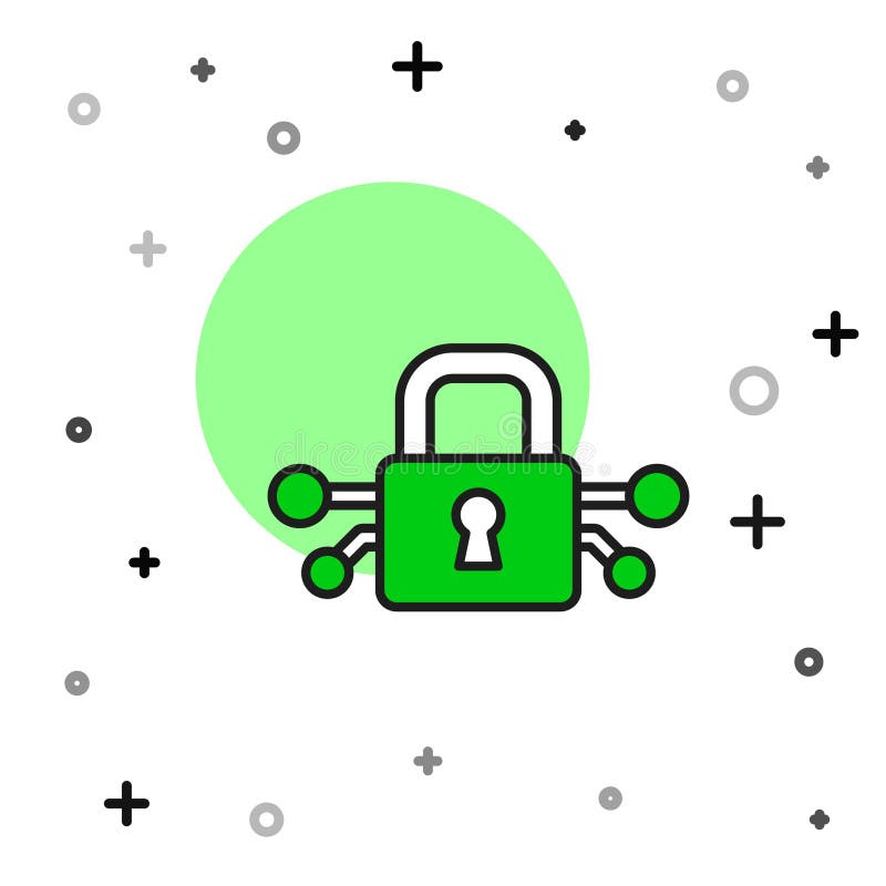 Abgefülltes Symbol für Cybersicherheit im weißen Hintergrund. Schloss auf digitaler Leiterplatte. Sicherheitskonzept vektor abbildung