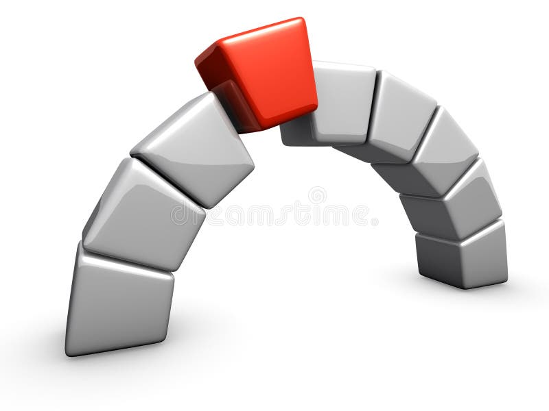 An isolated arc made of boxes with final red part on white background. An isolated arc made of boxes with final red part on white background