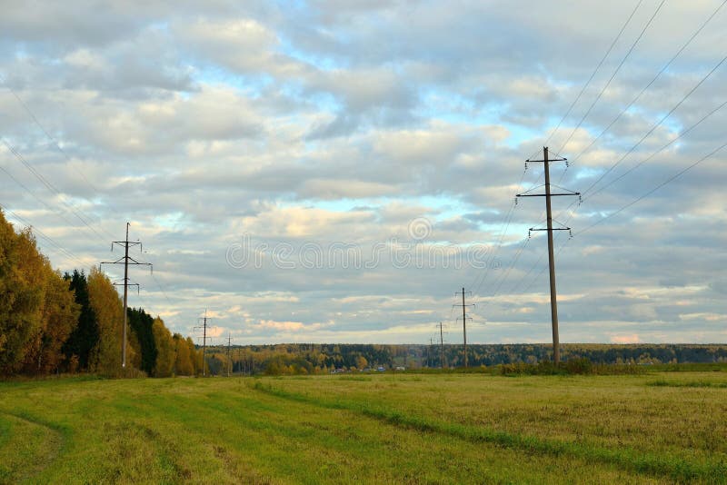 Abgeschrägtes Feld im Herbst, Stromleitung Unterstützungen, Gelbgrünwald, Kostroma-Region, Russland lizenzfreies stockfoto Abgeschrägtes Feld im Herbst, Stromleitung Unterstützungen, Gelbgrünwald, Kostroma-Region, Russland lizenzfreies stockfoto
