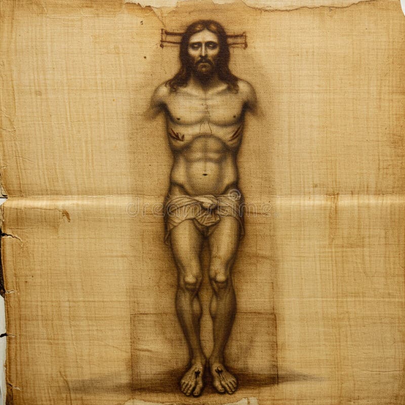 Abgestempelte Darstellung Jesu auf einem Stück alterlichen Pergaments. Sein Kopf ist voller Dornen lizenzfreie abbildung