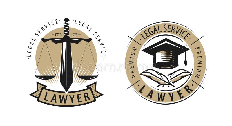 Abogado, logotipo de la asesoría jurídica o etiqueta Servicios jurídicos, símbolo de la justicia Vector ilustración del vector Abogado, logotipo de la asesoría jurídica o etiqueta Servicios jurídicos, símbolo de la justicia Vector ilustración del vector