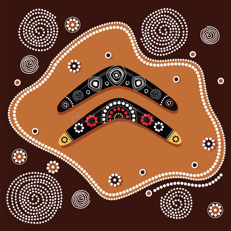 Aboriginal Art Vector Painting Illustration with Boomerang. Stock