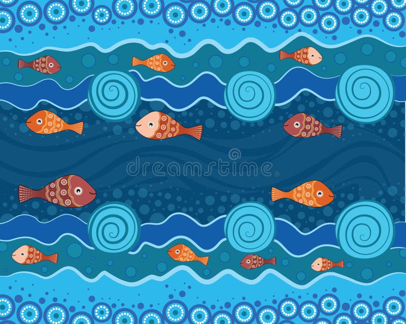 Aboriginal dot art painting with fish. Underwater concep