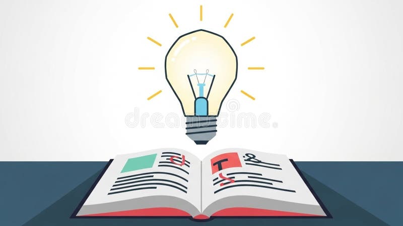 Above the book floats a large, illuminated light bulb emitting royalty free illustration