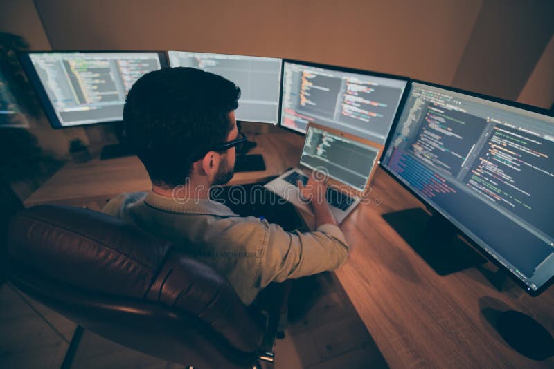 Above high angle view of his he nice senior cool qualified skilled smart clever brunet guy testing app hacking creating stock photos Above high angle view of his he nice senior cool qualified skilled smart clever brunet guy testing app hacking creating stock photos