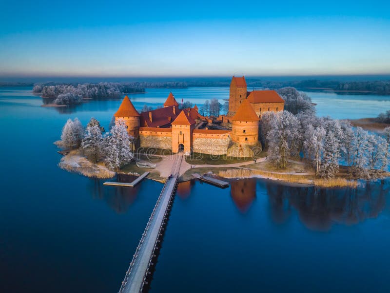 Above Trakai castle at winter, aerial