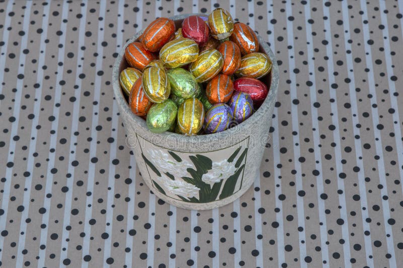 Above View Flower Pot with Chocolate Eggs at Amsterdam the Netherlands