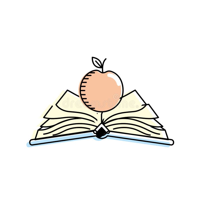 Abra el cuaderno con los papeles y la fruta de la manzana stock de ilustración Abra el cuaderno con los papeles y la fruta de la manzana stock de ilustración