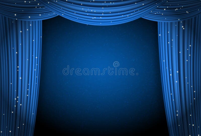 Blue curtains on blue background with glittering stars. open curtains as theater or movie presentation or cinema award announcement with space for text. Blue curtains on blue background with glittering stars. open curtains as theater or movie presentation or cinema award announcement with space for text