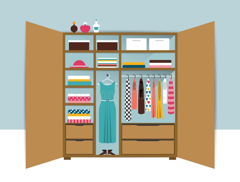Abra el guardarropa Armario de madera con ropa, camisas, suéteres, cajas y zapatos ordenados Interior casero
