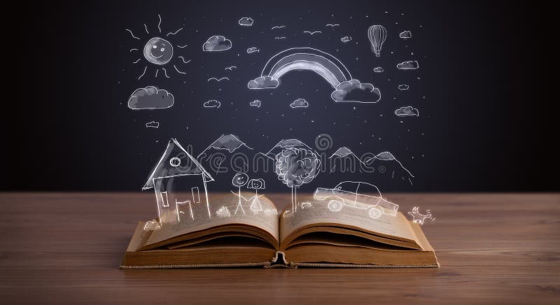 Libro abierto con paisaje dibujado a mano ilustración del vector