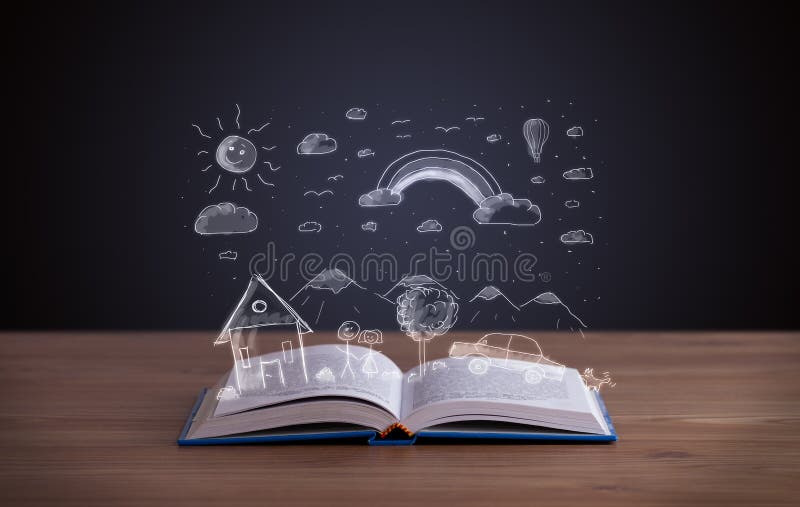 Libro abierto con paisaje dibujado a mano imagenes de archivo