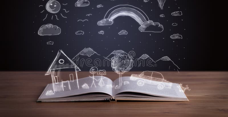 Libro abierto con paisaje dibujado a mano fotografía de archivo