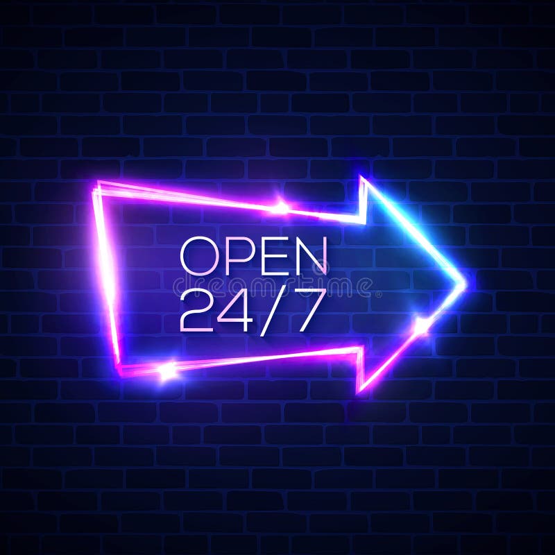Abra 24 7 horas de sinal da luz de néon na parede de tijolo ilustração stock Abra 24 7 horas de sinal da luz de néon na parede de tijolo ilustração stock