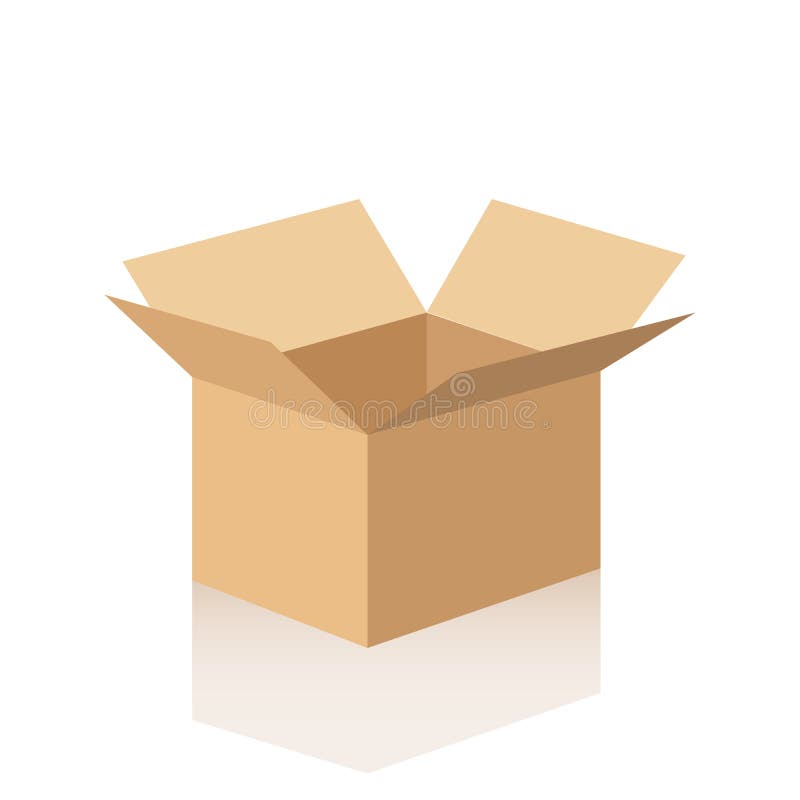 Open cardboard box with reflection. Vector illustration on white background. Open cardboard box with reflection. Vector illustration on white background
