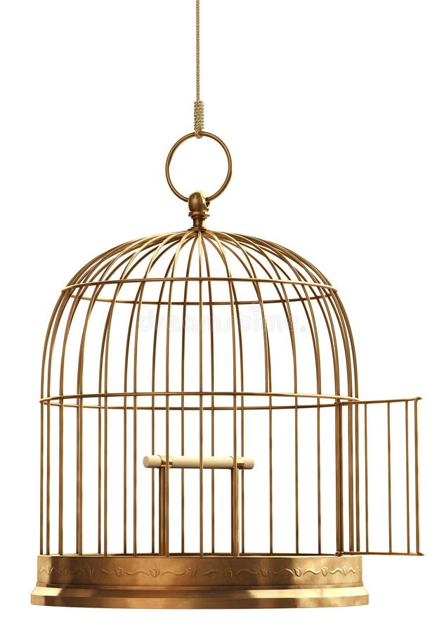 An open brass birdcage hanging on a string over white. An open brass birdcage hanging on a string over white