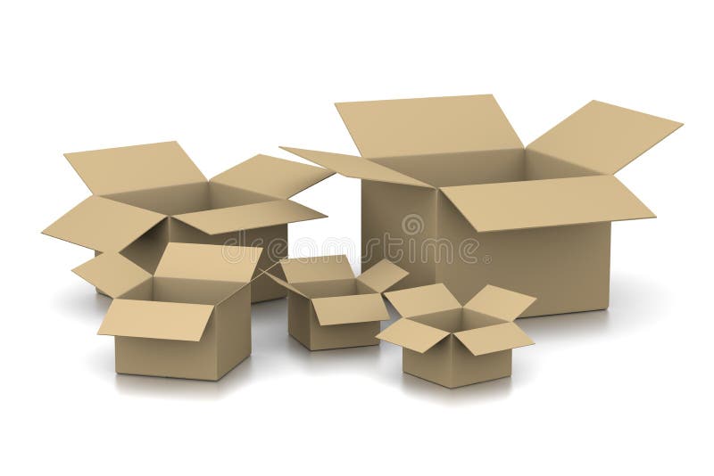 Open Empty Cardboard Boxes on White Background 3D Illustration. Open Empty Cardboard Boxes on White Background 3D Illustration