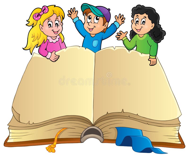 Abra o livro com crianças felizes ilustração royalty free Abra o livro com crianças felizes ilustração royalty free