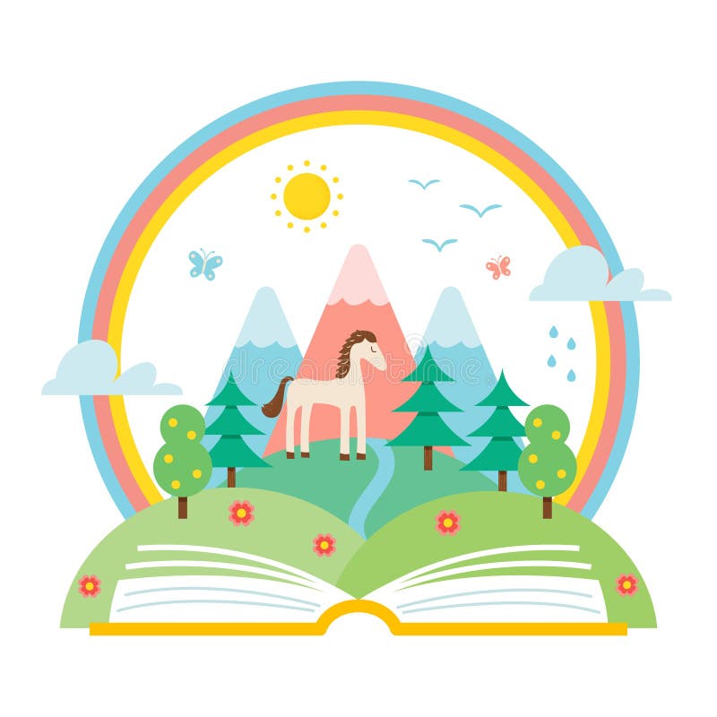Abra a paisagem do livro e da natureza dos montes e do arco-íris Ilustração do estudo da ciência e de natureza ilustração royalty free Abra a paisagem do livro e da natureza dos montes e do arco-íris Ilustração do estudo da ciência e de natureza ilustração royalty free