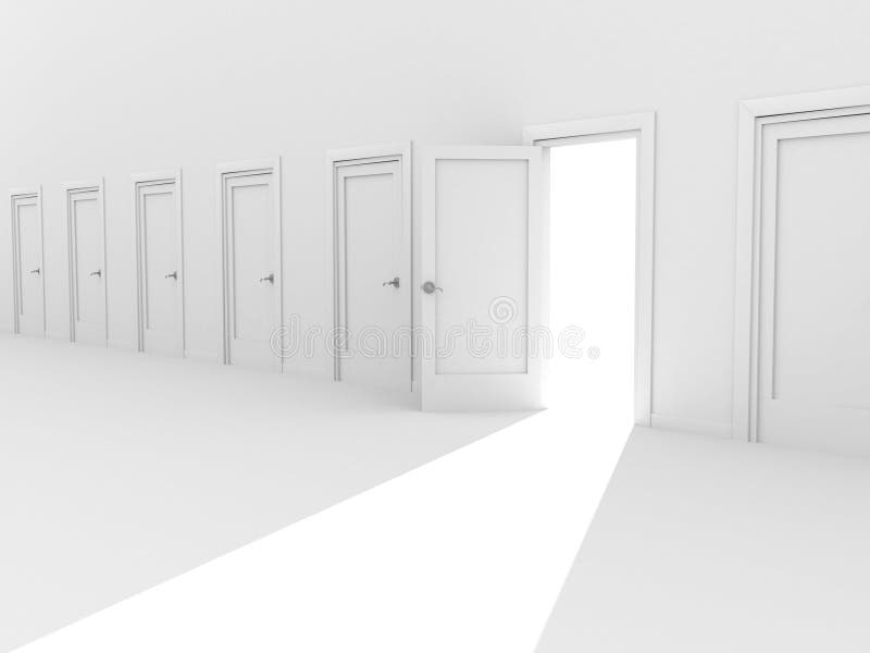 Abra a porta 3d em uma fileira das portas fechadas ilustração stock Abra a porta 3d em uma fileira das portas fechadas ilustração stock