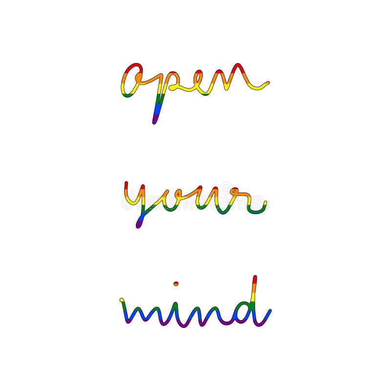 Abra sus letras exhaustas de la mano de la mente con la bandera del arco iris LGBT stock de ilustración Abra sus letras exhaustas de la mano de la mente con la bandera del arco iris LGBT stock de ilustración