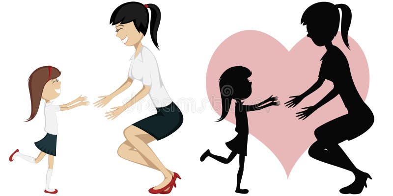 Colorful and detailed cartoon-style art with a bunette girl in blouse and skirt is running towards her mother in costume. Silhouettes are included!. Colorful and detailed cartoon-style art with a bunette girl in blouse and skirt is running towards her mother in costume. Silhouettes are included!