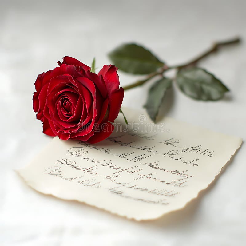 Abschluss einer samtroten Rose, die anmutig auf ein Stück altes Papier gelegt wurde, das mit kursiver Schrift geschmückt ist vektor abbildung