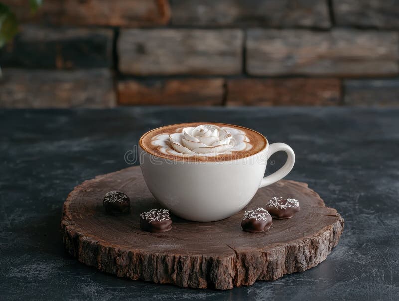 Abschluss einer Tasse Kaffee mit Latte Art in Form einer Blume, die auf einem Holzbrett mit Pralinen serviert wird stock abbildung