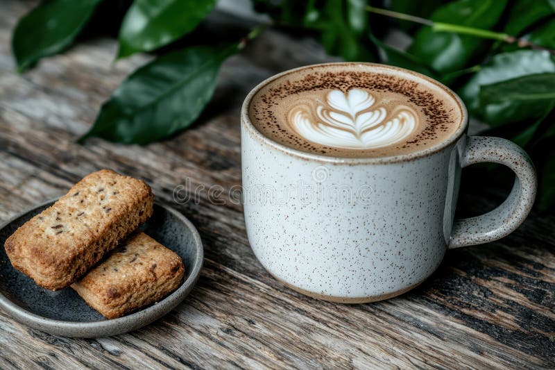Abschluss eines Latte mit Latte Art und zwei Shortbrettkeksen vektor abbildung