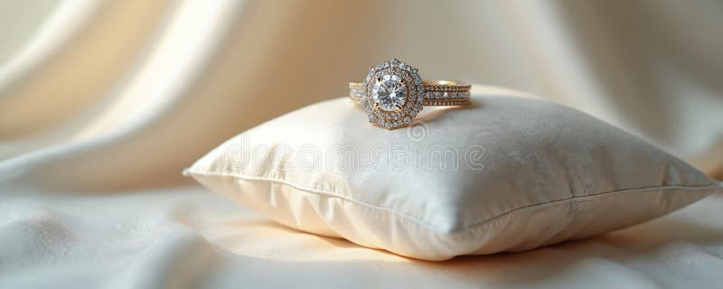 Abschluss eines luxuriösen Diamantenring auf weißem Kissen. Eleganter glänzender Bridalring präsentiert brillanten Schnitt Diamant stock abbildung