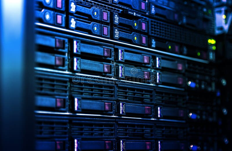 Close up server rack cluster in a data center selected focus, narrow depth field. Rack-mounted system storage and blade-servers. Close up server rack cluster in a data center selected focus, narrow depth field. Rack-mounted system storage and blade-servers