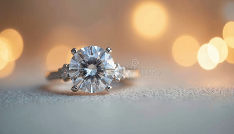 Abschlussfoto von solitaire Verlobungsring mit Diamant. Luxuriöser Schmuck mit brillanten Schnittgemeinen auf glänzendem Metall stock abbildung