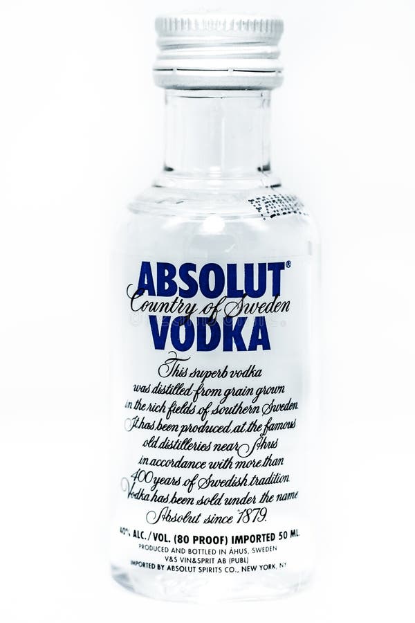 Small bottle Absolute Vodka 50ml isolate background. Small bottle Absolute Vodka 50ml isolate background
