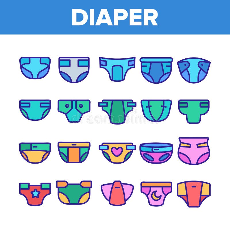 Absorberende Geplaatste de Luiers Vector Lineaire Pictogrammen van de kleurenbaby stock illustratie Absorberende Geplaatste de Luiers Vector Lineaire Pictogrammen van de kleurenbaby stock illustratie