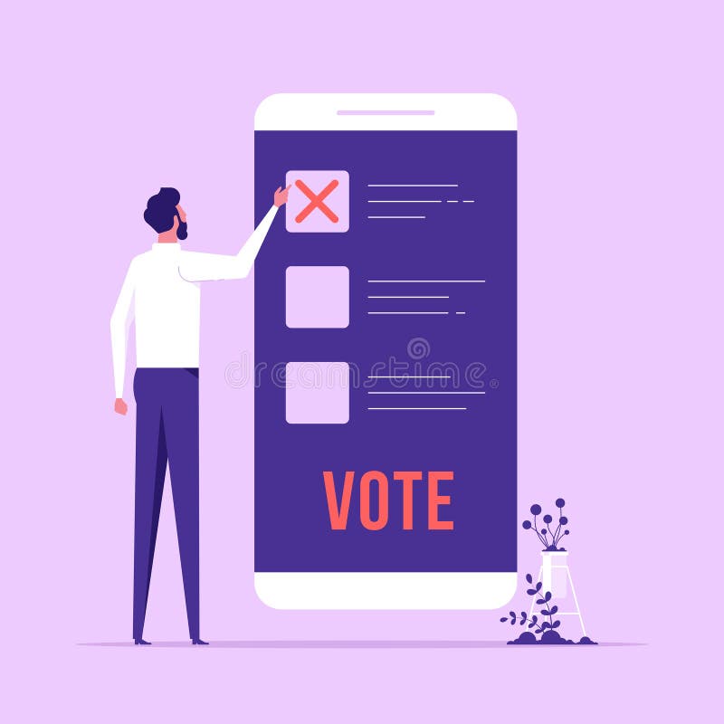 Abstimmung über Handy-Vektor. Mann mit Smartphone zur elektronischen Abstimmung. Abstimmung über Mobiltelefon. Referendum oder Wahl. App für mobile elektronische Abstimmungen. Vektorgrafik