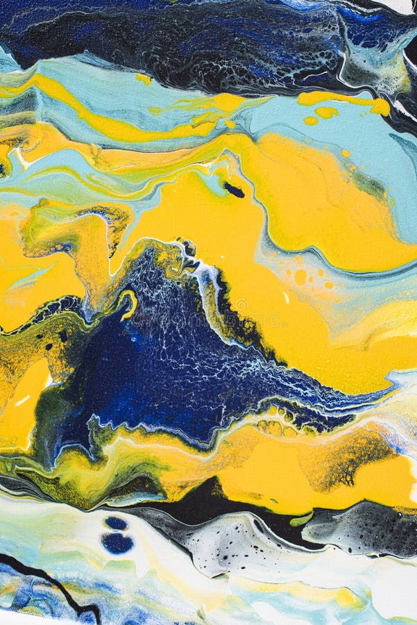 Abstract Acrylic Painting with Yellow and Blue Paint Stock Photo