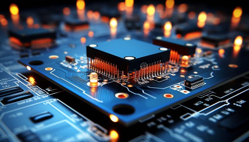 Abstract advanced micro Quantum computer communication concept artificial Intelligence or AI networking and Cloud Computing royalty free illustration