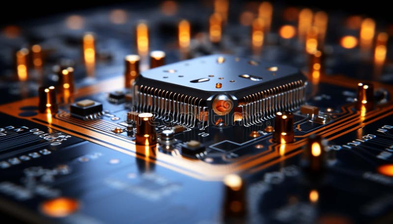 Abstract advanced micro Quantum computer communication concept artificial Intelligence or AI networking and Cloud Computing royalty free illustration