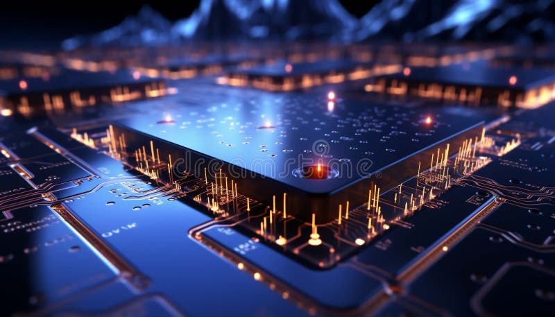 Abstract advanced micro Quantum computer communication concept artificial Intelligence or AI networking and Cloud Computing royalty free illustration