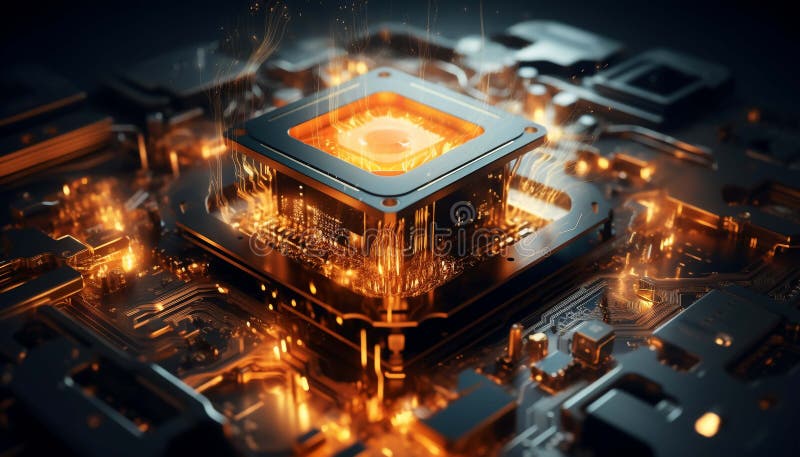 Abstract advanced micro Quantum computer communication concept artificial Intelligence or AI networking and Cloud Computing royalty free illustration