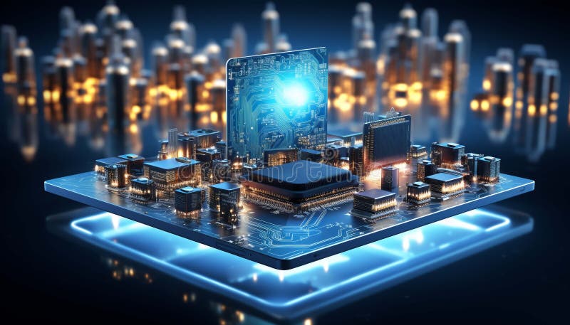 Abstract advanced micro Quantum computer communication concept artificial Intelligence or AI networking and Cloud Computing royalty free illustration