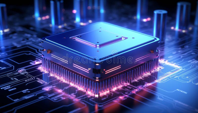 Abstract advanced micro Quantum computer communication concept artificial Intelligence or AI networking and Cloud Computing Circuit Board Digital Lines Data processor chip generator AI illustration