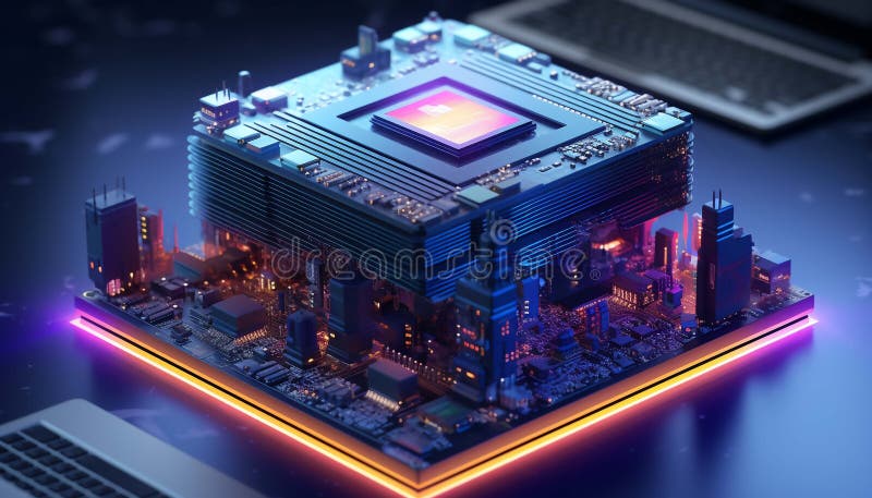 Abstract advanced micro Quantum computer communication concept artificial Intelligence or AI networking and Cloud Computing stock illustration