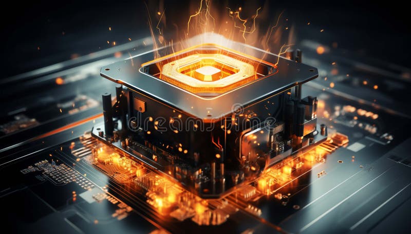 Abstract advanced micro Quantum computer communication concept artificial Intelligence or AI networking and Cloud Computing royalty free illustration