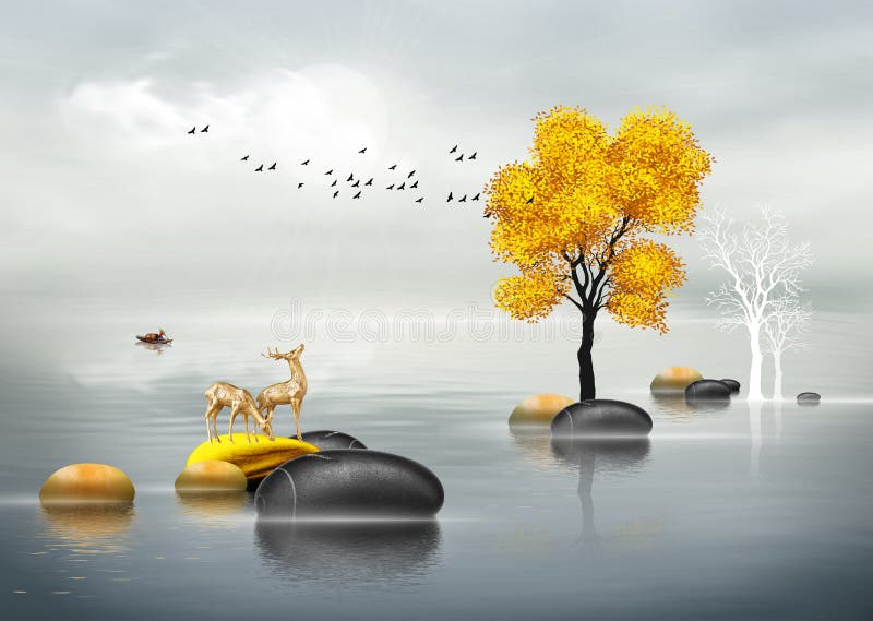 Abstract Handpainted Beautiful Landscape Elk Big Tree Cobblestone Art Background. Stock